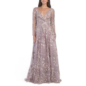 MAC DUGGAL Lilac Long Sleeve Floral Embellished Gown